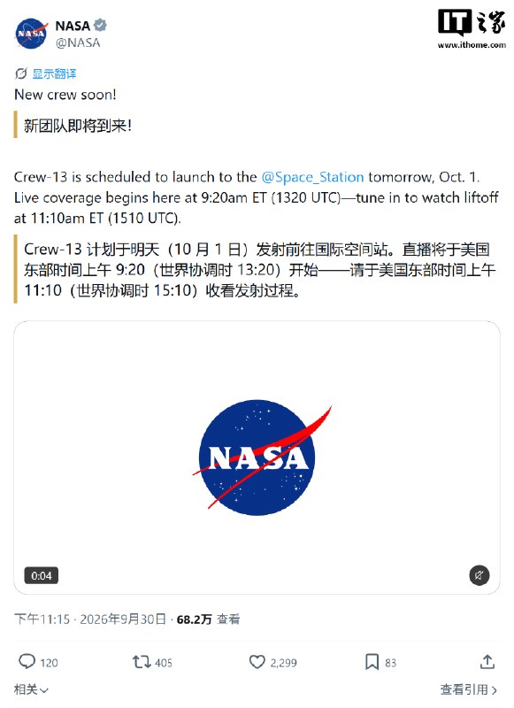 Crew-13载人任务今日发射，有望刷新美国从发射到对接的最快太空旅行纪录美国宇航局宣布于美国东部时间10月1日11时10分从佛罗里达州发射Crew-13载人航天任务