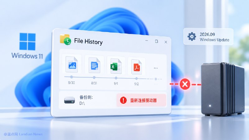 微软确认9月更新导致Windows 10/11文件历史记录异常，可能无法正常备份微软确认，Windows 10/11安装9月更新后，文件历史记录可能无法创建或更新备份，即使备份驱动器正常连接也可能提示重新连接；上次备份时间不更新、旧文件版本无法恢复等问题也可能出现