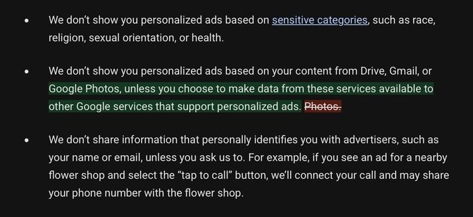 Google隐私政策新增关键例外，邮箱和照片将接入广告Google隐私政策于10月16日生效，新增例外：用户若授权搜索、Gemini等服务访问Gmail、云端硬盘或相册数据，这些信息可能被用于个性化内容和广告