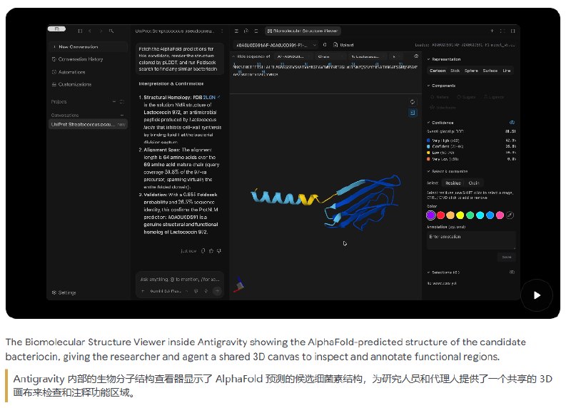 对抗超级细菌新武器：谷歌 Antigravity 用 AI 加速抗菌肽发现谷歌推出的 Google Antigravity 智能开发平台整合数据库检索、蛋白质结构分析和文献综合等功能，借助 ProtNLM 模型预测未表征蛋白质的生物功能
