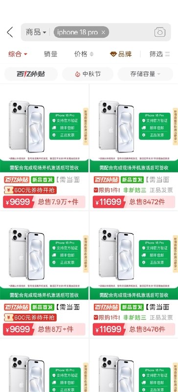 iPhone 18 Pro首销，Pro版跌破首发价，顶配售价超过2万元iPhone 18 Pro系列于9月18日首销，Pro起售价9999元，2TB顶配售价20499元，Pro Max 2TB售价21499元