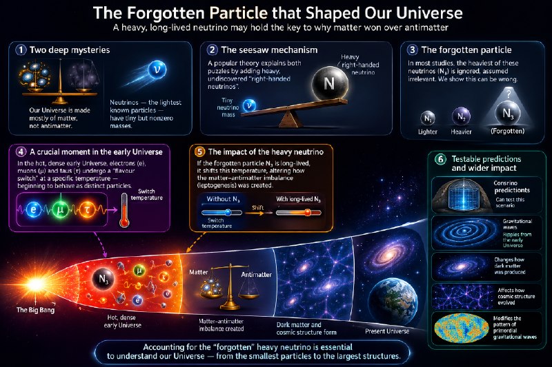 科学家发现一种奇异粒子，解释现实起源研究人员提出，早期宇宙中一种被忽视的最重右手中微子可能通过影响宇宙膨胀和轻子生成，解释物质为何多于反物质；未来引力波探测器或可检验这一假说