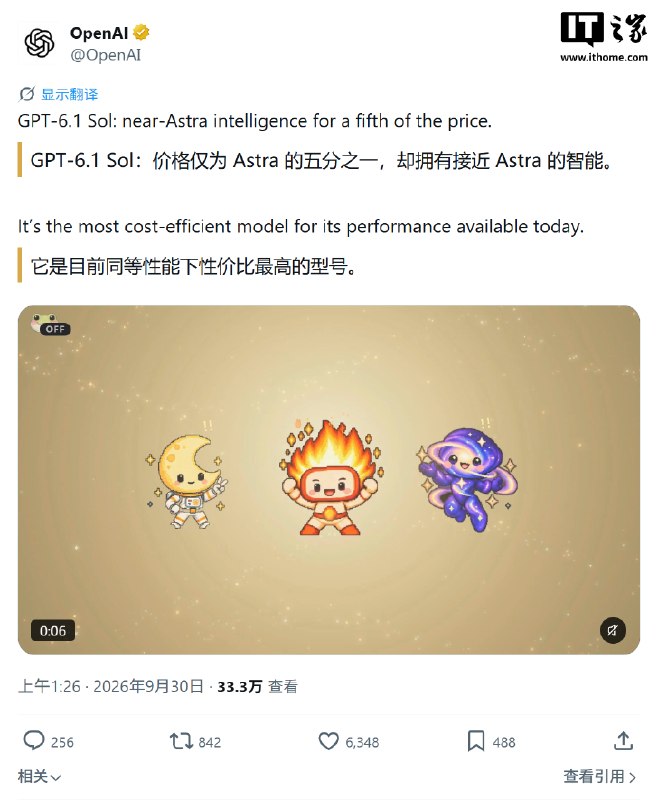 OpenAI 发布 GPT-6.1 Sol 模型：同等性能下价格仅为 Astra 的五分之一OpenAI宣布推出GPT-6.1 Sol模型，称其在智能体编程、电脑操作和专业工作流等任务上的性能接近旗舰GPT-6 Astra，但标准输入和输出价格仅为Astra的五分之一