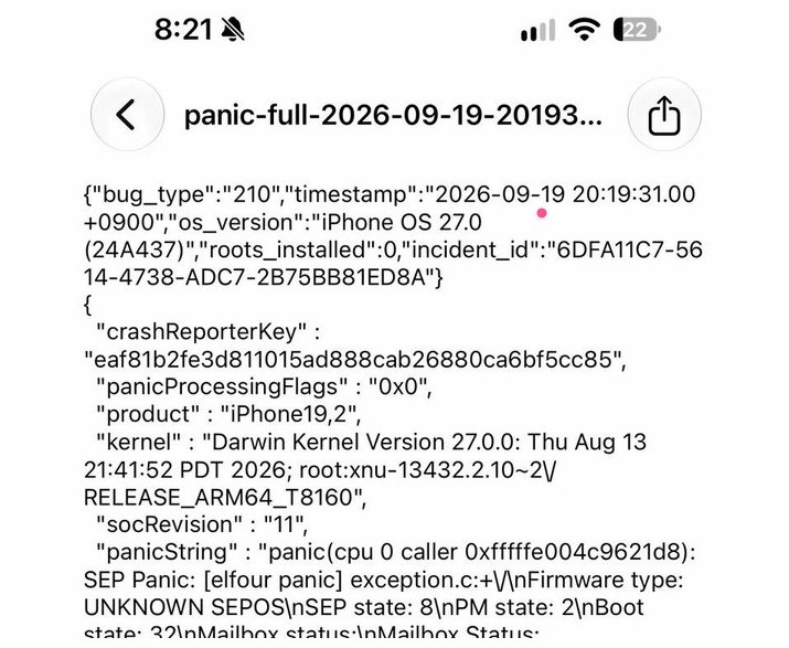 新款iPhone上市即遭遇严重故障，许多用户反映问题据媒体报道，苹果iPhone 18 Pro和iPhone 18 Pro Max被曝在Face ID认证失败重试、查看照片回收站等特定情况下出现“Panic Full”，导致设备关机并自动重启