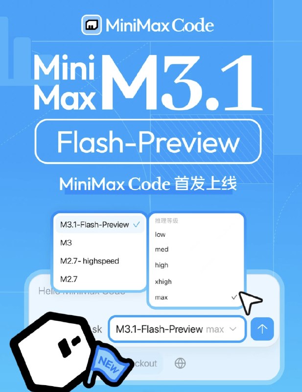 MiniMax文本模型M3.1-Flash-Preview上线MiniMax Code平台MiniMax宣布文本模型M3.1-Flash-Preview上线MiniMax Code平台，并为所有用户重置Token Plan额度；9月28日至10月7日还将开展签到双倍积分活动，用户可领取免费积分和Token