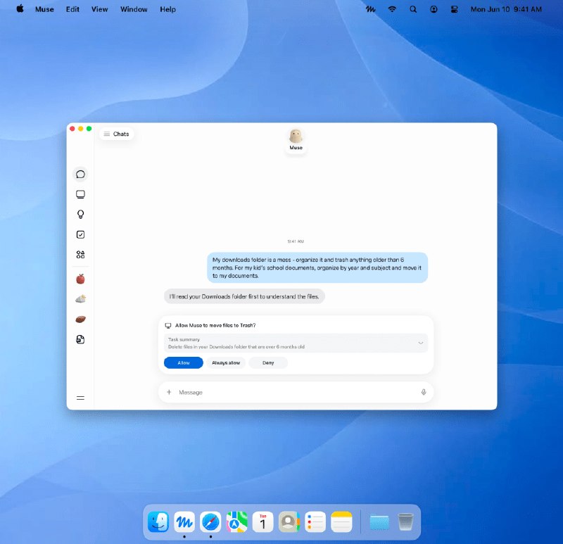 Meta的Muse登陆Mac，可让AI操作电脑Meta推出Muse Mac版，允许用户在原生应用中访问文件、消息、日历、备忘录和邮件，并在执行敏感操作前征得同意