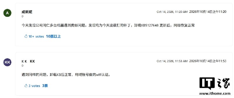 微软Windows 11十月更新被曝存在Wi‑Fi故障，高校和企业出现断网问题微软面向 Windows 11 24H2、25H2 和 26H2 推送的 10 月累积更新 KB5127648 被曝存在漏洞，导致采用 WPA 802.1X PEAP 认证的企业及校园 Wi-Fi 出现凭据报错、无法连接等问题