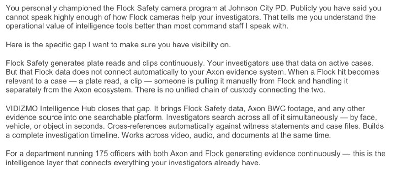 监控公司告诉警方，希望为Flock摄像头增加人脸识别功能Flock Safety称不会在自动车牌识别摄像头中加入人脸识别，但第三方公司VIDIZMO向警方推销将Flock数据导入其平台，进行人脸识别、行为预测及年龄、性别、种族分析