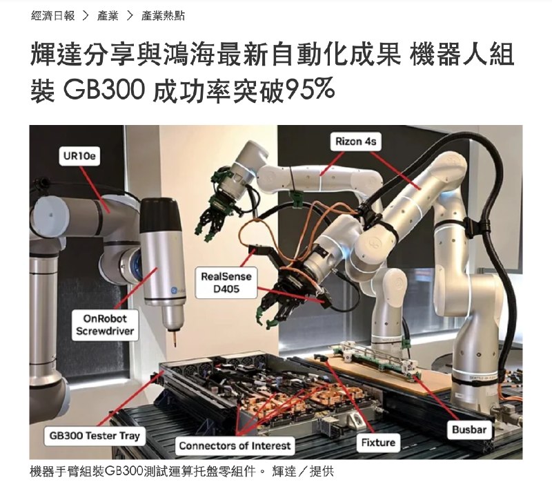 英伟达与鸿海展示自动化成果，机器人组装GB300母线成功率超95%英伟达与鸿海首次展示机器人自动化组装GB300母线及多组连接器的成果