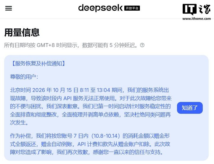 DeepSeek服务故障近5小时，官方补偿API用户7天内消耗金额DeepSeek网页和API服务于10月15日8:11至13:04发生故障，持续近5小时后恢复