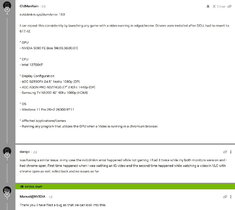 英伟达承认GeForce 621.01驱动存在问题：播放视频时可能卡住或黑屏英伟达确认 GeForce Game Ready Driver 621.01 存在播放视频时画面冻结或短暂黑屏的 Bug，部分 RTX 5080、RTX 4090 用户反馈同时运行游戏时也可能触发